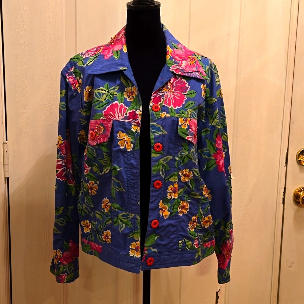 Jacket: button, blue, pink, green, gold flower print #19